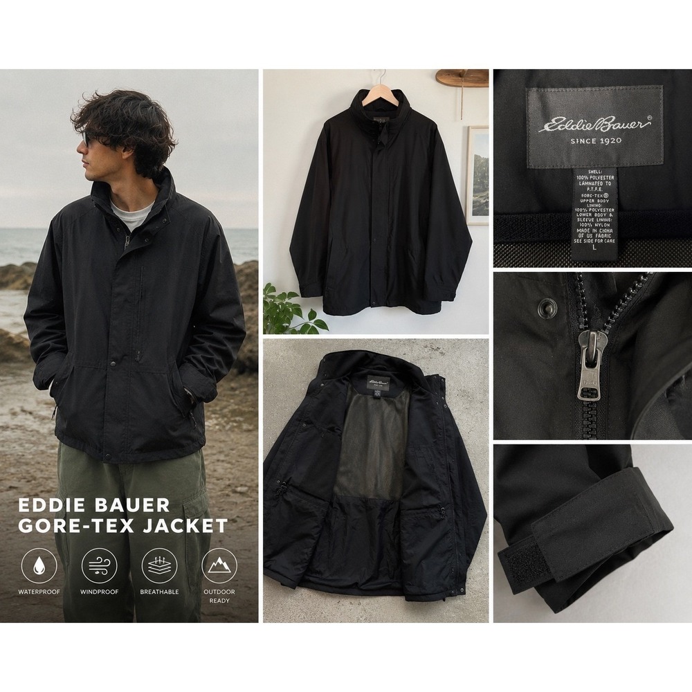 Eddie Bauer Gore-Tex Rain Jacket | Black Waterproof Shell Coat | Men's Large